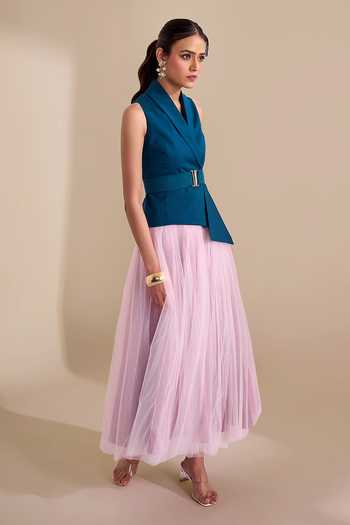 Buy_Naintara Bajaj_Teal Lycra, Net V-neck Striking Duo Waistcoat And Skirt Set _Online_at_Aza_Fashions