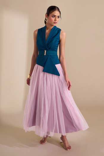 Naintara Bajaj_Teal Lycra, Net V-neck Striking Duo Waistcoat And Skirt Set _at_Aza_Fashions