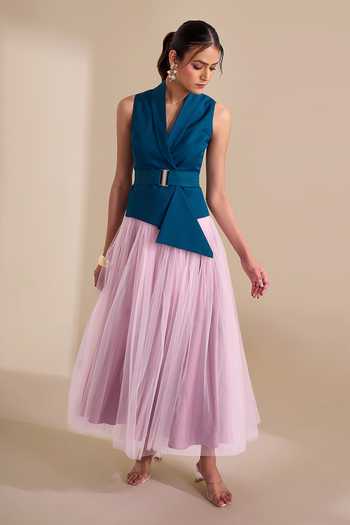 Shop_Naintara Bajaj_Teal Lycra, Net V-neck Striking Duo Waistcoat And Skirt Set 