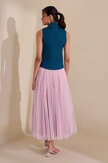 Shop_Naintara Bajaj_Teal Lycra, Net V-neck Striking Duo Waistcoat And Skirt Set _at_Aza_Fashions