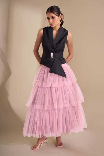 Buy_Naintara Bajaj_Black Lycra, Net V-neck Structured Waistcoat And Layered Skirt Set _at_Aza_Fashions
