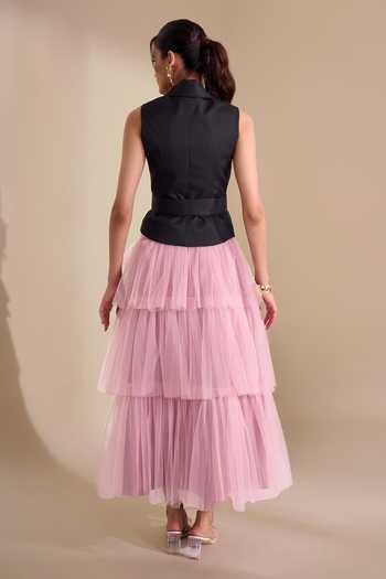 Naintara Bajaj_Black Lycra, Net V-neck Structured Waistcoat And Layered Skirt Set _Online_at_Aza_Fashions