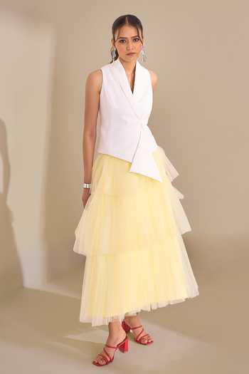 Buy_Naintara Bajaj_Ivory Lycra, Net V-neck Soft Contrast Waistcoat And Layered Skirt Set _Online_at_Aza_Fashions
