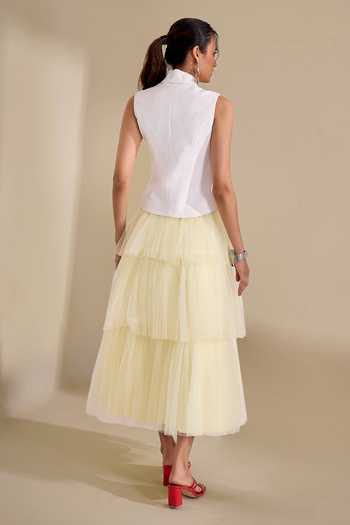 Naintara Bajaj_Ivory Lycra, Net V-neck Soft Contrast Waistcoat And Layered Skirt Set _Online_at_Aza_Fashions