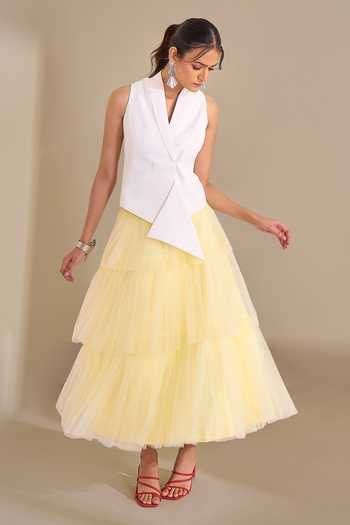 Shop_Naintara Bajaj_Ivory Lycra, Net V-neck Soft Contrast Waistcoat And Layered Skirt Set _Online_at_Aza_Fashions