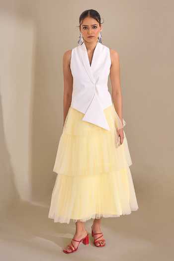 Buy_Naintara Bajaj_Ivory Lycra, Net V-neck Soft Contrast Waistcoat And Layered Skirt Set _at_Aza_Fashions
