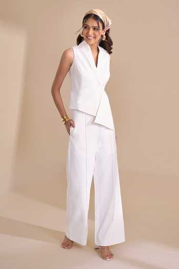 Buy_Naintara Bajaj_Ivory Lycra V-neck Structured Waistcoat And Trouser Set _Online_at_Aza_Fashions