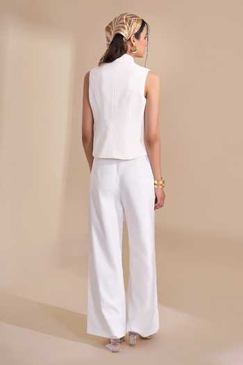 Naintara Bajaj_Ivory Lycra V-neck Structured Waistcoat And Trouser Set _Online_at_Aza_Fashions