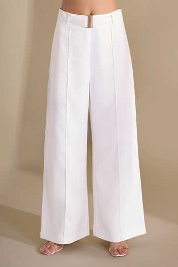 Shop_Naintara Bajaj_Ivory Lycra V-neck Structured Waistcoat And Trouser Set _Online_at_Aza_Fashions