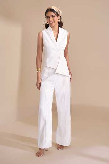 Shop_Naintara Bajaj_Ivory Lycra V-neck Structured Waistcoat And Trouser Set 