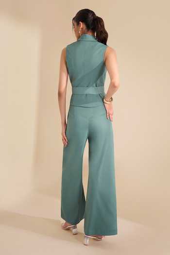 Naintara Bajaj_Green Lycra Shawl Neck Sleek Lapel Waistcoat And Trouser Set _Online_at_Aza_Fashions