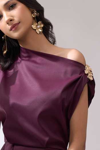 Buy_Naintara Bajaj_Wine Lycra One Shoulder Draped Slit Midi Dress _Online_at_Aza_Fashions
