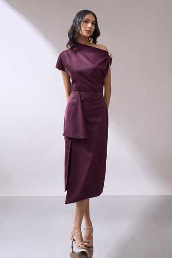 Shop_Naintara Bajaj_Wine Lycra One Shoulder Draped Slit Midi Dress _Online_at_Aza_Fashions