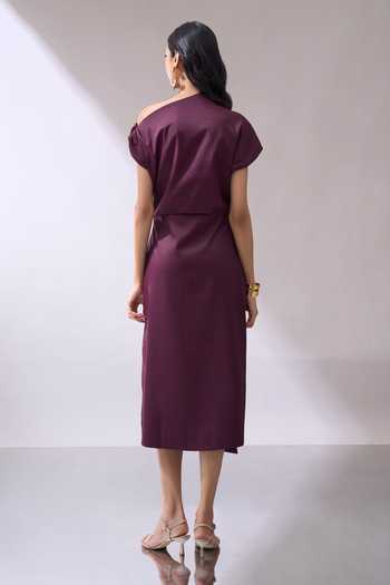 Naintara Bajaj_Wine Lycra One Shoulder Draped Slit Midi Dress _Online_at_Aza_Fashions