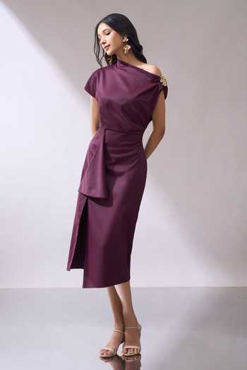 Buy_Naintara Bajaj_Wine Lycra One Shoulder Draped Slit Midi Dress 