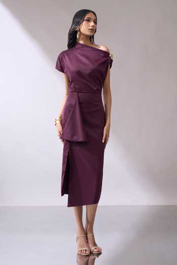 Shop_Naintara Bajaj_Wine Lycra One Shoulder Draped Slit Midi Dress 