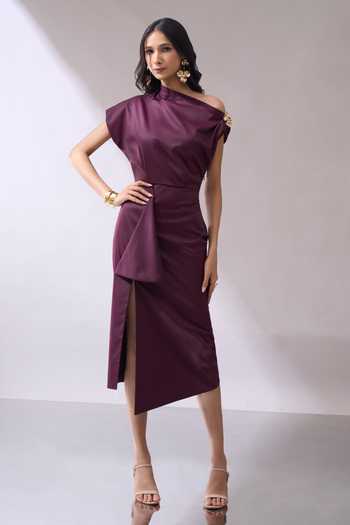 Buy_Naintara Bajaj_Wine Lycra One Shoulder Draped Slit Midi Dress _Online