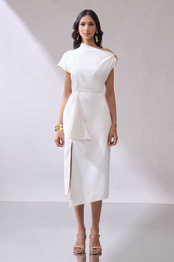 Shop_Naintara Bajaj_Ivory Lycra One Shoulder Placed Brooch Draped Midi Dress _Online_at_Aza_Fashions