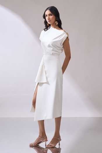 Shop_Naintara Bajaj_Ivory Lycra One Shoulder Placed Brooch Draped Midi Dress 