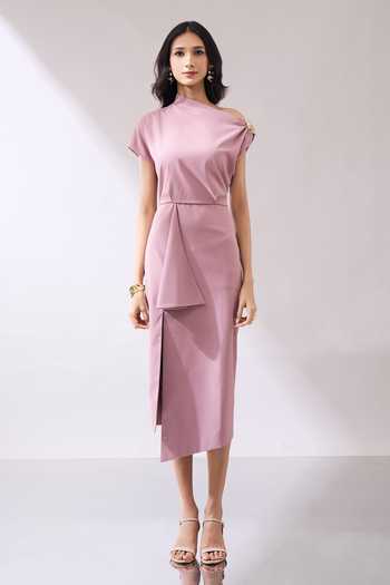 Buy_Naintara Bajaj_Pink Lycra One Shoulder Draped Midi Dress 