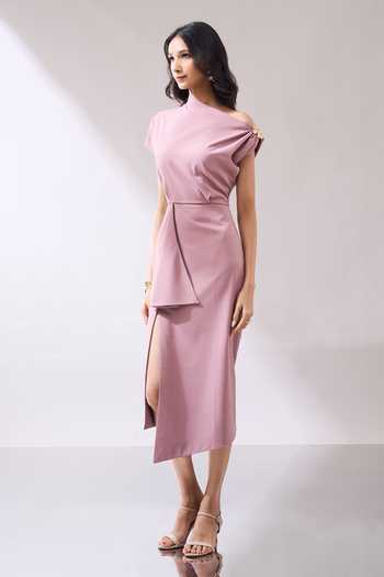 Shop_Naintara Bajaj_Pink Lycra One Shoulder Draped Midi Dress 