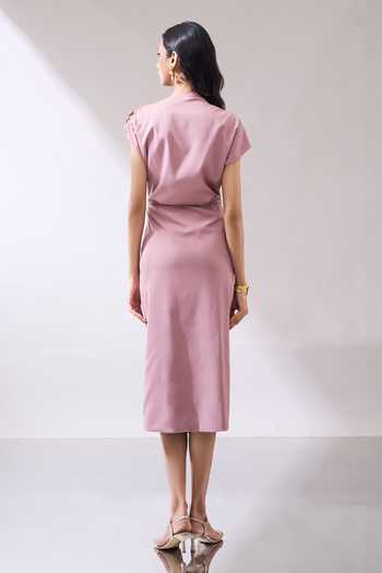 Naintara Bajaj_Pink Lycra One Shoulder Draped Midi Dress _Online_at_Aza_Fashions