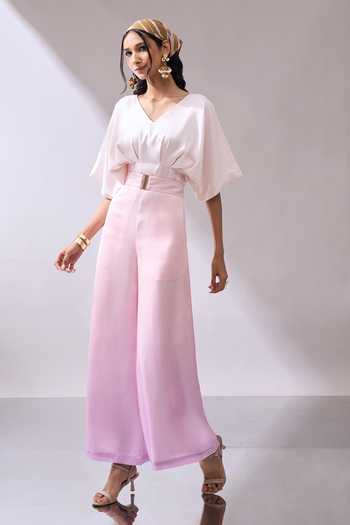 Naintara Bajaj_Beige Bloom Of Violet Ombre Jumpsuit With Belt _at_Aza_Fashions