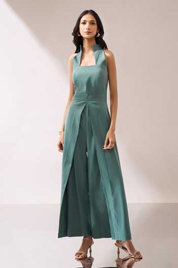 Shop_Naintara Bajaj_Green High-collar Slit Jumpsuit _Online_at_Aza_Fashions