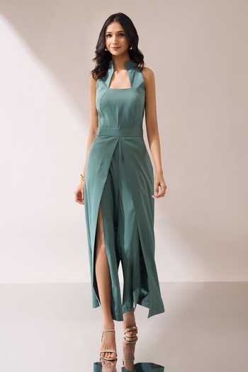 Shop_Naintara Bajaj_Green High-collar Slit Jumpsuit 