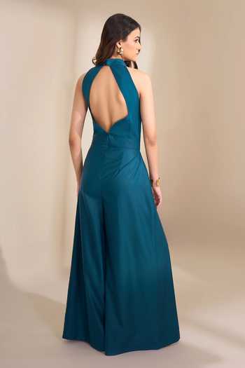 Naintara Bajaj_Teal Wide Flared Slit Leg Jumpsuit _Online_at_Aza_Fashions