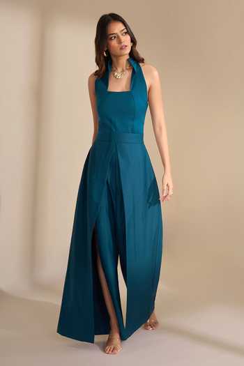 Shop_Naintara Bajaj_Teal Wide Flared Slit Leg Jumpsuit _Online_at_Aza_Fashions