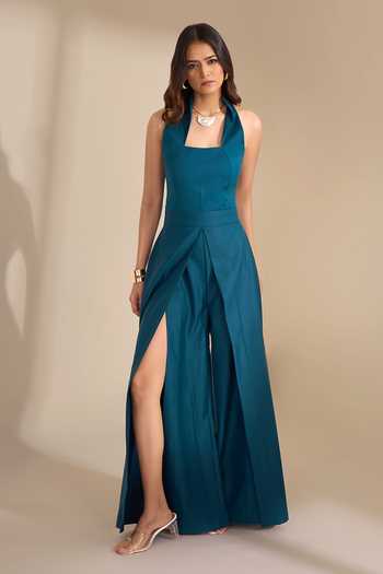 Naintara Bajaj_Teal Wide Flared Slit Leg Jumpsuit _at_Aza_Fashions