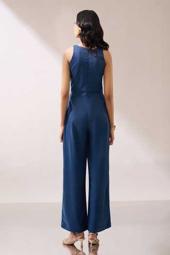 Naintara Bajaj_Blue Placement Brooch Halter Jumpsuit _Online_at_Aza_Fashions