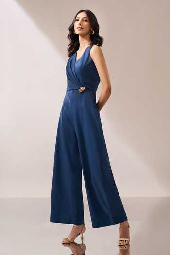 Buy_Naintara Bajaj_Blue Placement Brooch Halter Jumpsuit _Online