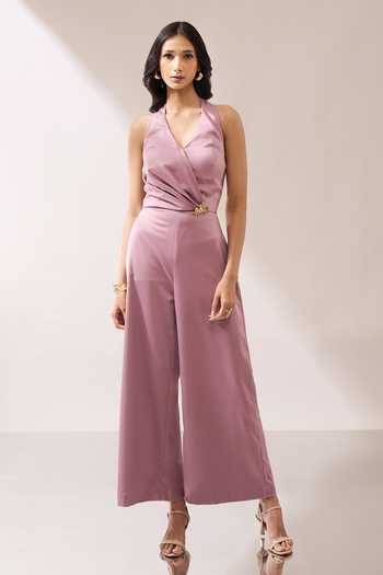 Buy_Naintara Bajaj_Pink Side Placed Brooch Halter Jumpsuit _Online_at_Aza_Fashions