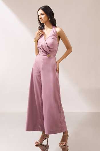 Naintara Bajaj_Pink Side Placed Brooch Halter Jumpsuit _at_Aza_Fashions
