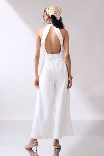Naintara Bajaj_Ivory High Collar Jumpsuit And Buckle Belt Set _Online_at_Aza_Fashions