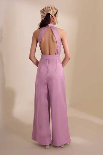 Naintara Bajaj_Pink Back Cut High Collar Jumpsuit With Belt _Online_at_Aza_Fashions