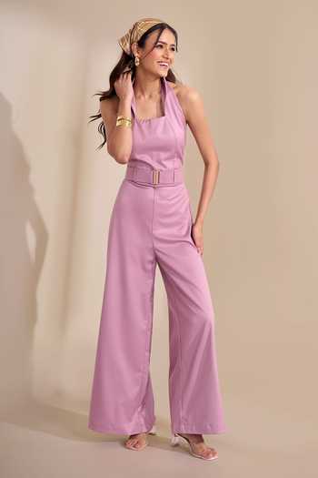 Shop_Naintara Bajaj_Pink Back Cut High Collar Jumpsuit With Belt 