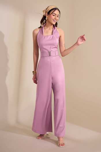 Buy_Naintara Bajaj_Pink Back Cut High Collar Jumpsuit With Belt _at_Aza_Fashions