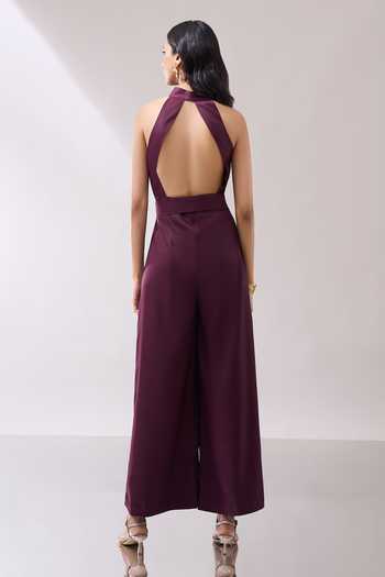 Naintara Bajaj_Wine High-collar Back Cutout Jumpsuit With Belt _Online_at_Aza_Fashions