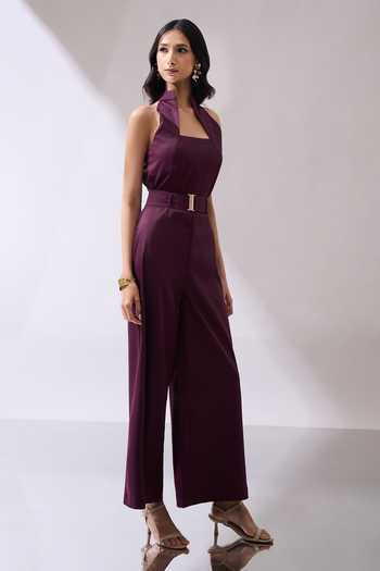 Shop_Naintara Bajaj_Wine High-collar Back Cutout Jumpsuit With Belt _Online_at_Aza_Fashions