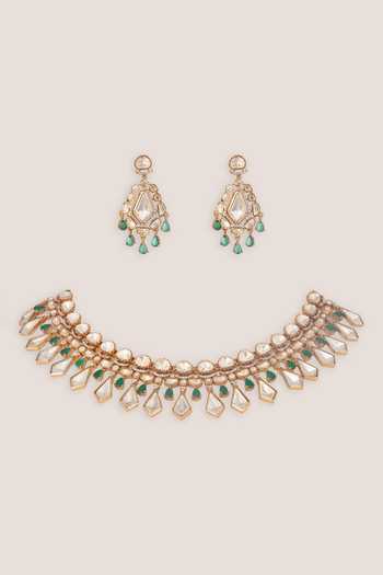 Shop_Zevar By Geeta_Green Stone Studded Necklace And Earrings Set _at_Aza_Fashions