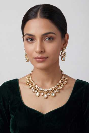 Buy_Zevar By Geeta_Gold Plated Teardrop Necklace And Earrings Set _at_Aza_Fashions