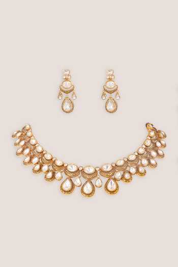 Shop_Zevar By Geeta_Gold Plated Teardrop Necklace And Earrings Set _at_Aza_Fashions