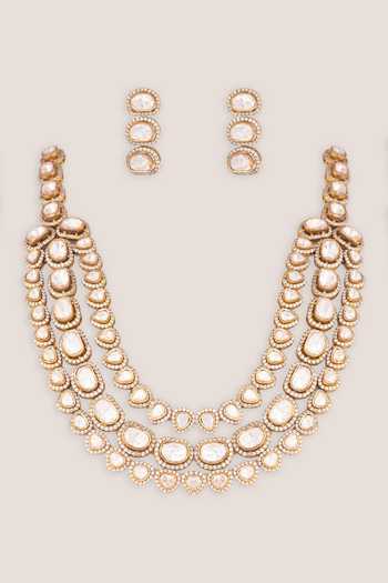 Shop_Zevar By Geeta_Gold Plated Kundan Polki Necklace And Earrings Set _at_Aza_Fashions