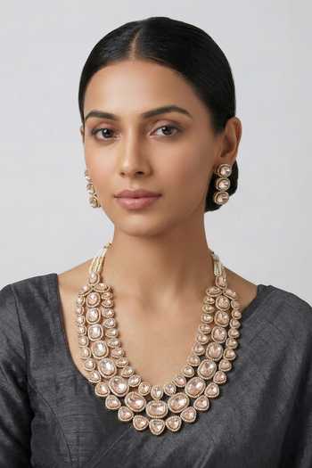 Buy_Zevar By Geeta_Gold Plated Kundan Polki Necklace And Earrings Set _at_Aza_Fashions