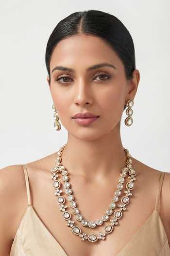 Buy_Zevar By Geeta_White Polki Kundan Two-tone Layered Necklace Set _at_Aza_Fashions