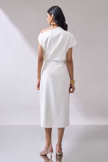 Naintara Bajaj_Ivory Lycra One Shoulder Placed Brooch Draped Midi Dress _Online_at_Aza_Fashions