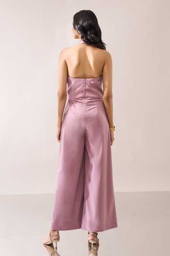 Naintara Bajaj_Pink Side Placed Brooch Halter Jumpsuit _Online_at_Aza_Fashions